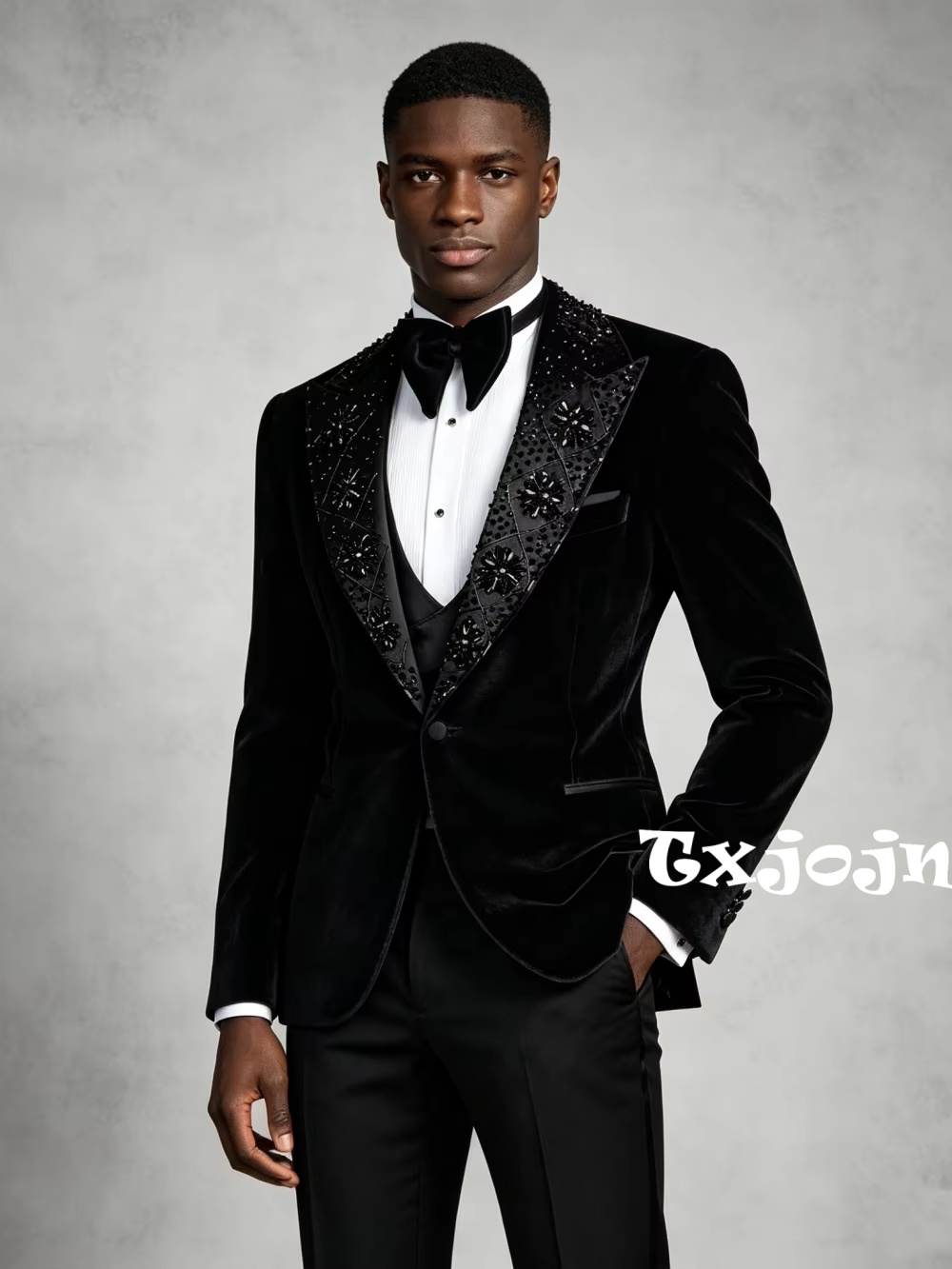 Men'S Formal Wear In Wedding - Men's Black Velevt Beaded Suit Set